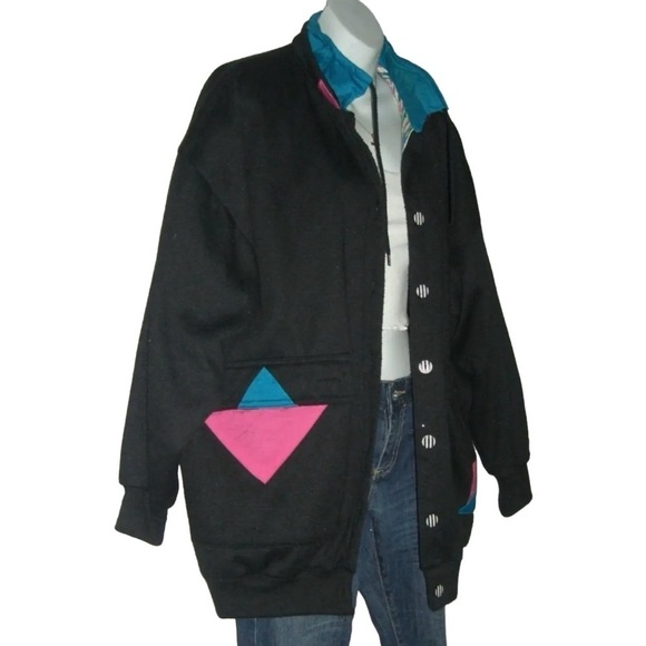 Vintage 80s Jacket Current Seen Black Geometric Stranger Things Mixed Media Pink - Picture 4 of 15
